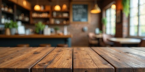Empty rustic wooden tabletop, blurred cafe background, display, golden