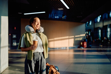 Happy woman with neck pillow holding coffee cup, standing by luggage in a sunny airport, waiting to...