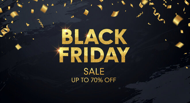 Promotional banner design for a major shopping event featuring golden text and falling confetti on a dark, textured background