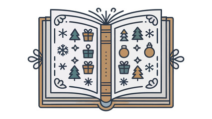 Open Storybook of Festive Cheer: An open storybook, adorned with holiday motifs of presents, star and christmas trees, inviting one into a world of imagination and winter tales.