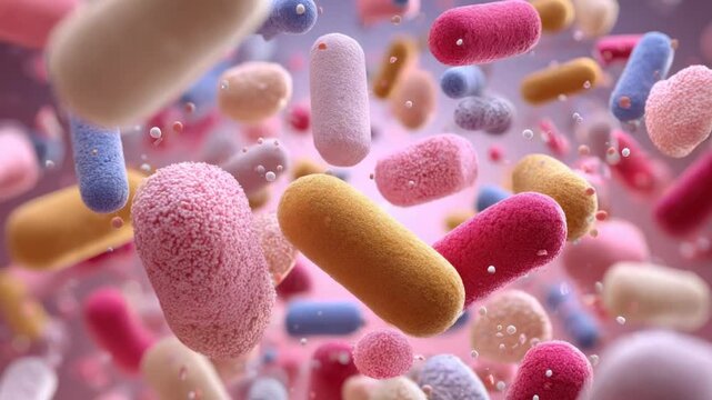 Colorful microscopic organisms, possibly bacteria, in motion, with soft, textured surfaces and various pastel hues