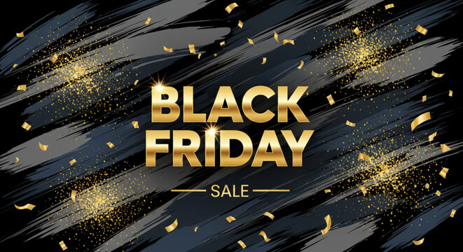 Golden Black Friday Sale Announcement with Falling Confetti Over Brush Strokes