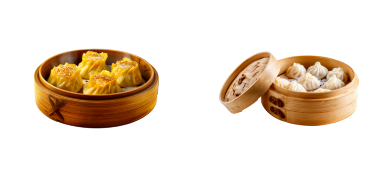 Dim Sum Food Steamed Dumplings in Bamboo Containers