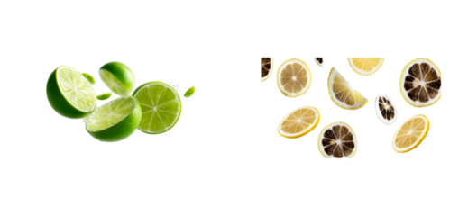 Fresh lime halves with water splash and lemon slices