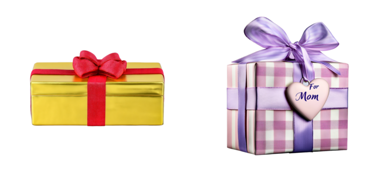 Golden gift box with red ribbon and pink checkered gift box with purple ribbon