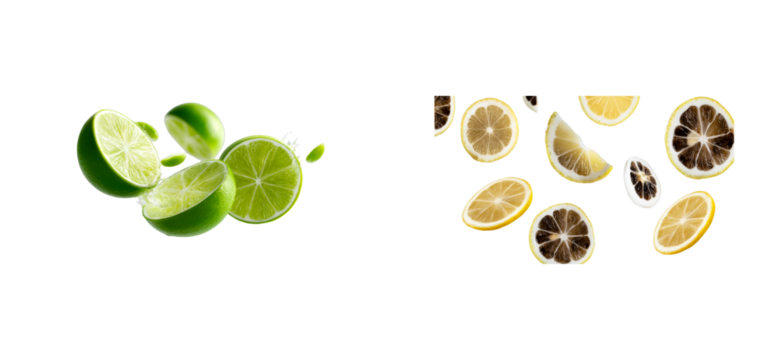 Fresh lime halves with water splash and lemon slices