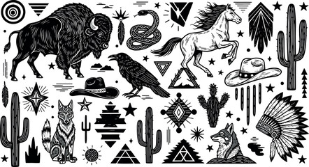 Collection of western and native american inspired graphic elements featuring a buffalo horse eagle wolf and cacti