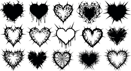 Collection of distressed and grunge style heart shapes with dripping and spiky elements