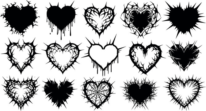 Collection of distressed and grunge style heart shapes with dripping and spiky elements