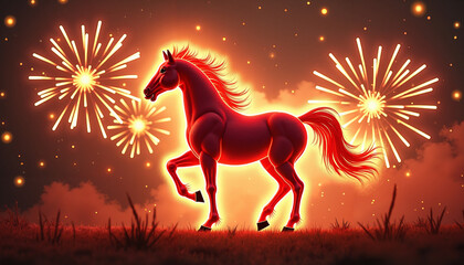 Stylized red horse with glowing outline and fireworks, dramatic New Year fantasy