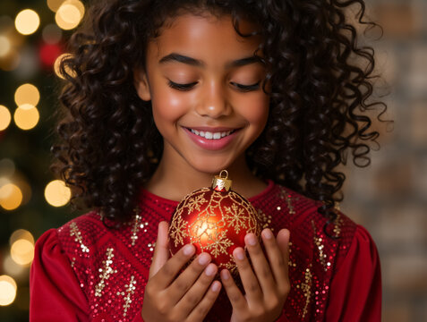 Portrait of a smiling girl holding a festive red Christmas ornament. Happy child with curly hair celebrating the holiday season - Powered by Adobe