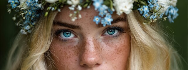 Captivating close-up portrait of a blonde woman with freckles wearing a white flower crown