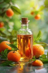 Bottle of mandarin or orange essential oil surrounded by fresh citrus fruits and leaves.
