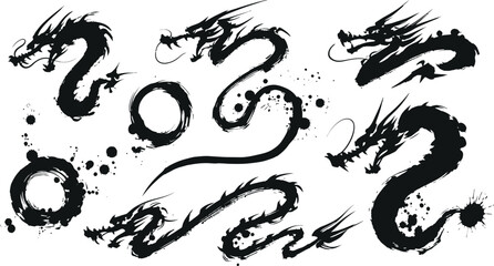 Collection of dynamic black ink splash brush stroke dragon illustrations in traditional east asian art style