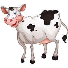 Cartoon illustration of a black and white cow with pink accents and a translucent background isolated on white