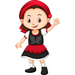 Cartoon Illustration Of A Happy Young Girl Wearing A Red Headband And A Red Black Dress Waving Hello With A Smile And Dark Brown Hair Tied In Pigtails