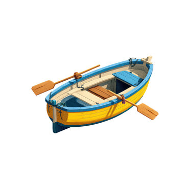 Yellow and blue rowboat with oars