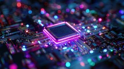 Mesmerizing close-up of a luminous microchip on a circuit board with neon pink and blue light.