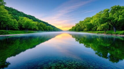 Peaceful Sunrise Over A Still Pond Reflecting Lush Green Trees And A Serene Sky With Wisps Of Fog Rising From The Water Surface