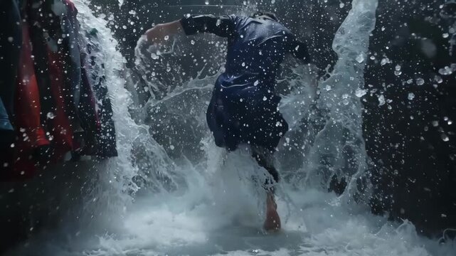 Medium shot capturing immersion hydrocarbon solvent cleaning as a worker submerges clothing into a solvent bath for thorough stain removal.