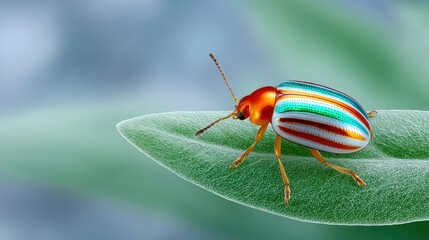 Fototapeta premium Macro Shot Of A Beetle With Colorful Stripes On A Green Leaf With Detailed Texture And A Soft Blue Background
