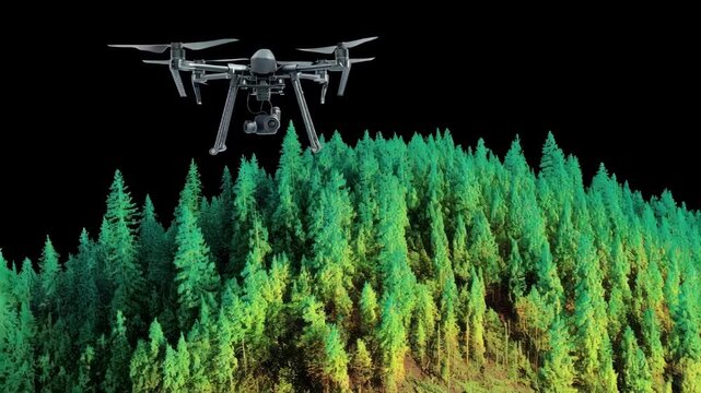 Medium shot of a drone capturing detailed topographic LIDAR data over a dense forest highlighting tree canopy elevation and terrain variations.