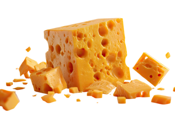 Block of cheese with chunks scattered
