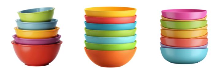 Set of Colorful heart-shaped plastic bowls set, 4 pieces on transparent png background. Ai generated