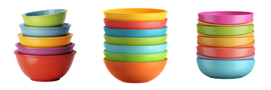 Set of Colorful heart-shaped plastic bowls set, 4 pieces on transparent png background. Ai generated