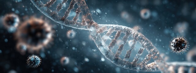 Viral particles next to a DNA helix in a test tube, concept of genetic modification or vaccine.