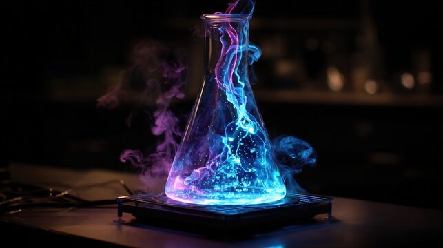 Dynamic neon-lit lab experiment: glowing blue liquid swirling in an Erlenmeyer flask with smoke.