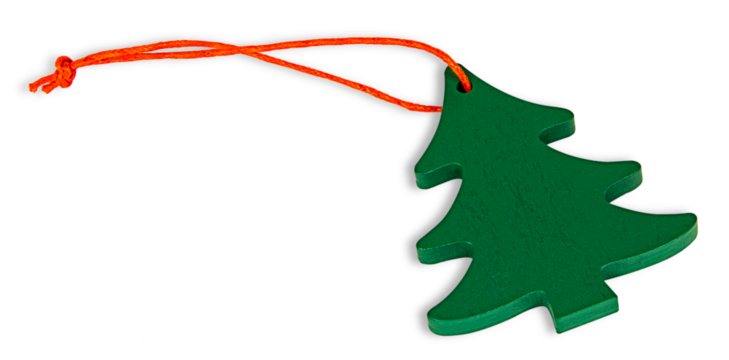 A flat green wooden Christmas tree figurine with a bright orange twisted string threaded through a hole at the top, on a white background.