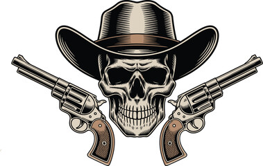 Vintage Engraving Style Cowboy Skull with Dual Revolvers Vector Illustration