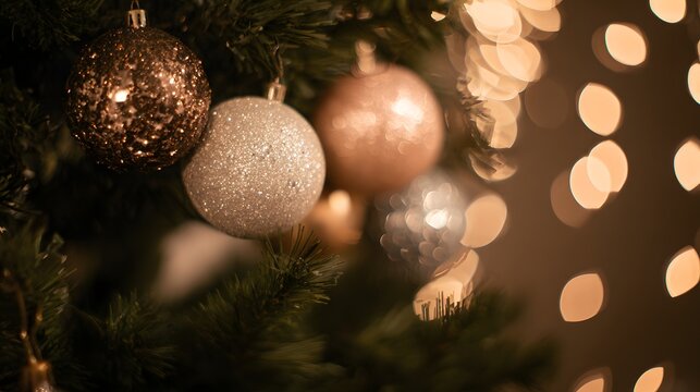 Cozy Christmas tree ornaments sparkle reflecting warm holiday lights a festive bokeh portrait - Powered by Adobe