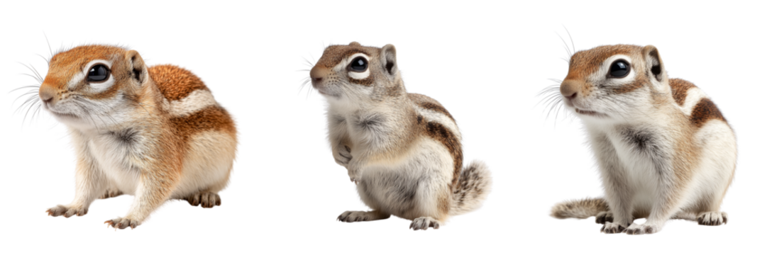 Set of Chipmunk holding a pinecone, surrounded by forest floor foliage, real photo, wildlife photography, nature enthusiasts on transparent png background. Ai generated