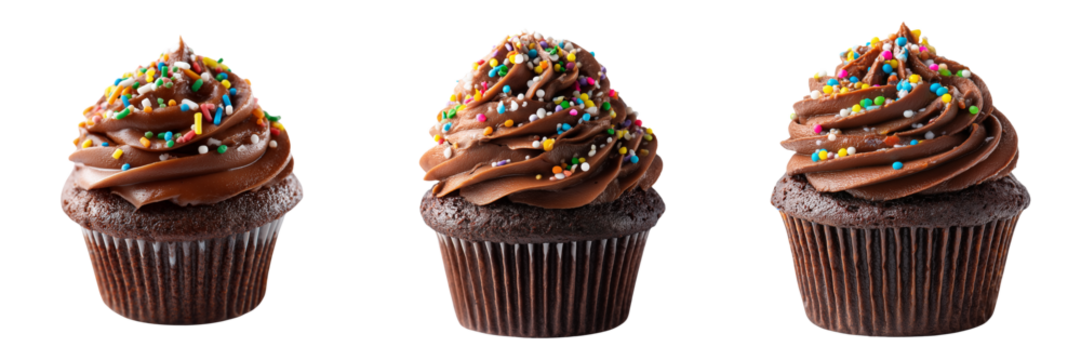 Set of Chocolate cupcake with textured chocolate frosting and sprinkles on transparent png background. Ai generated