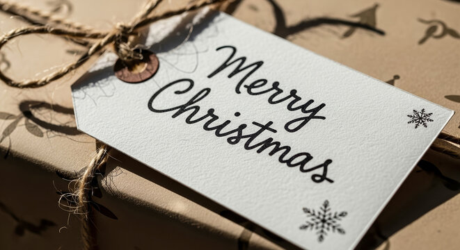 Close-up of christmas gift tag handwritten and tied to festively wrapped box, ready for giving. Christmas gift tag handwritten message adds personal touch to holiday season.