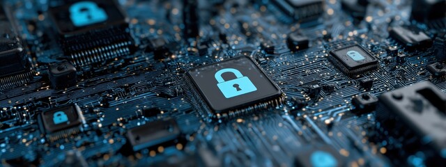 Secure Circuit Board with Cybersecurity Icons: Intricate electronic systems and technology.