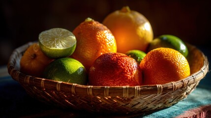 Vibrant Citrus Fruits (Lemons, Limes, Grapefruit) in a Rustic Wicker Basket: Freshness and Vitamins