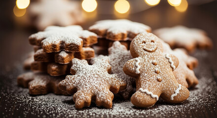 Christmas cookies powdered sugar on rustic wooden surface ready to be served for christmas. Christmas cookies are arranged for presentation.