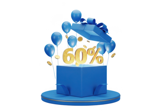Blue gift box opens revealing golden sixty percent discount isolated on transparent background