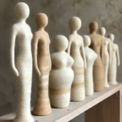 Handmade Felt Figures of Diverse Body Shapes on a Shelf, Natural Wool Craft, Suitable for Web