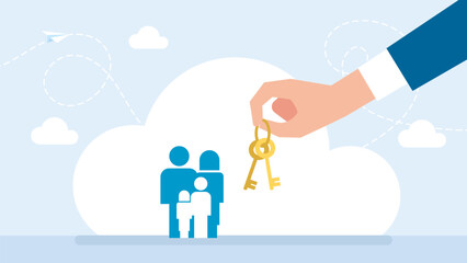 Family receiving a golden key from a giant hand. Realtor holding and handing key to family. Deal of property for sale. Sale manager giving keys about buying real estate to family. Vector Illustration
