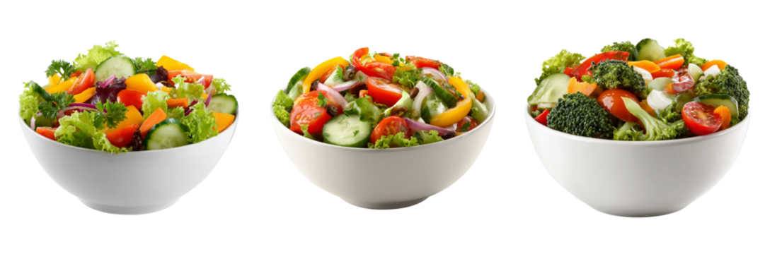 Set of Close-up of mixed vegetable salad with fresh greens, cherry tomatoes, bell peppers, and olive dressing on transparent png background. Ai generated