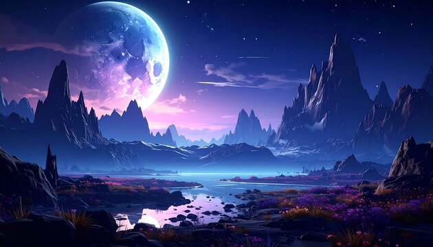 A surreal nightscape featuring a glowing celestial body above jagged peaks and reflective waters, with purple flowers