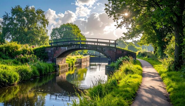 Picturesque Canal Bridge in Rural Landscape with Lush Greenery.