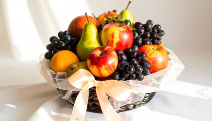 Sunlit Fruit Basket with Peach Ribbon and Sheer Fabric
