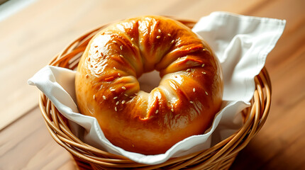 Freshly baked golden-brown bagel bread.
