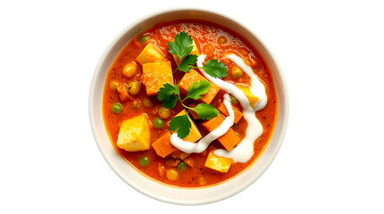 Top view of Indian Matar Paneer curry in bowl
