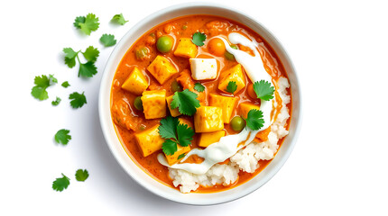Top view of Indian Matar Paneer curry in bowl